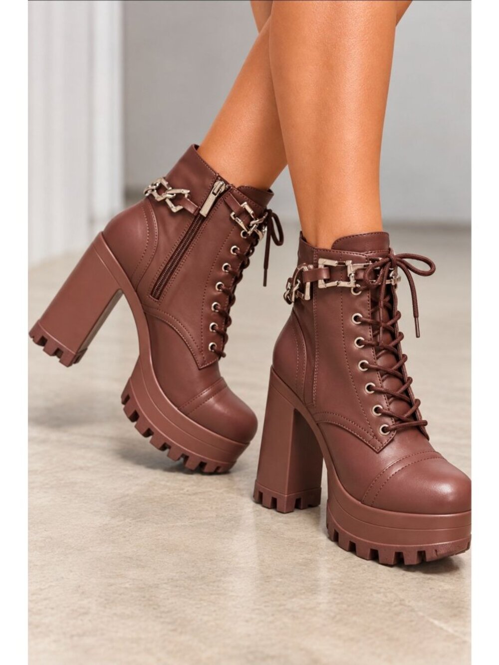 Mocha Brown Platform Lace-Up Combat Ankle Boots Chunky Block Heel Chain Detail